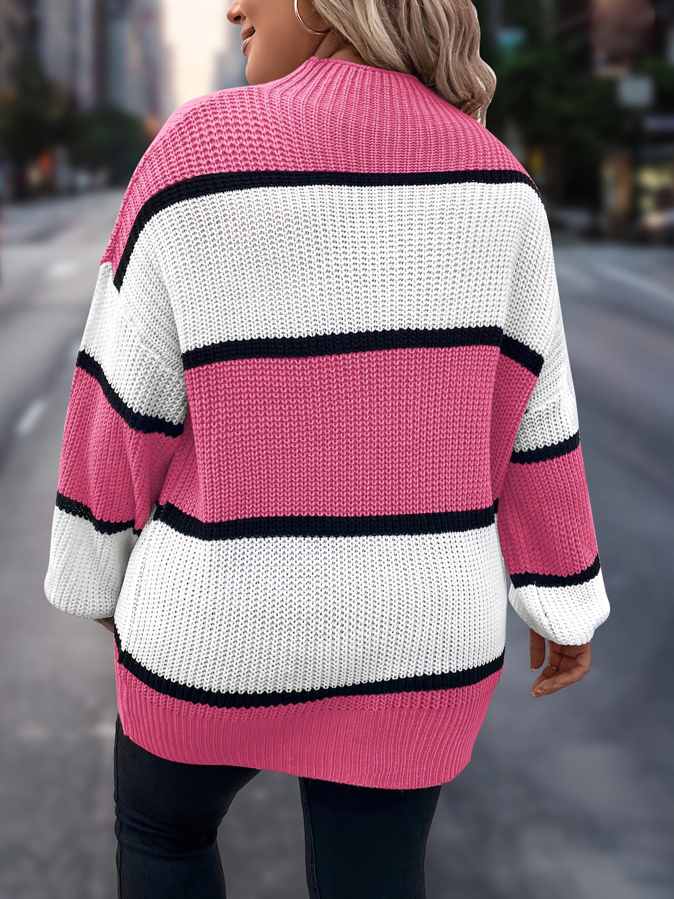 Übergröße, Neuer gestreifter Pullover für Damen Herbst/Winter, Farbblock-Lässig-Stil, Langarmshirt mit Rundhalsausschnitt