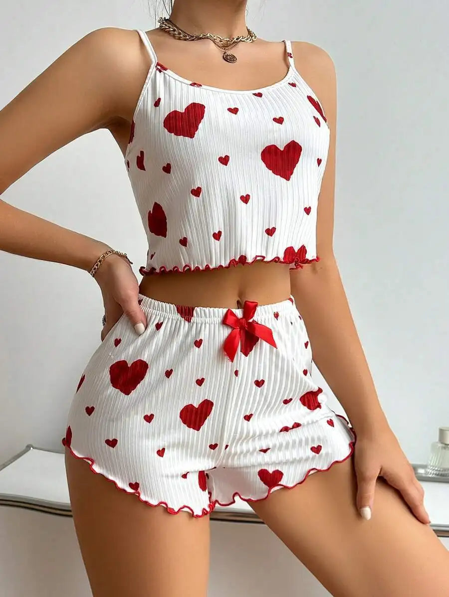 Damen 2-teiliges Herz-Print-Pyjama-Set, ärmelloses Crop-Top und Shorts, weiche bequeme Schlaf- und Freizeitkleidung für Sommernächte