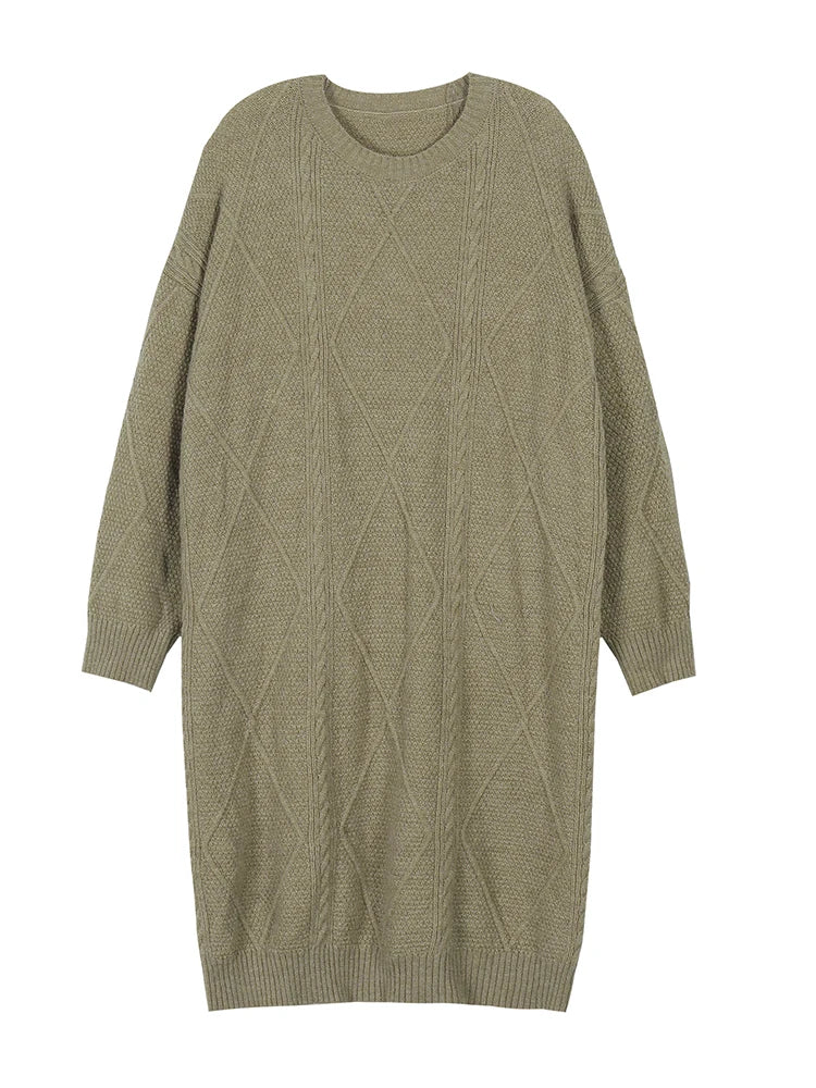 Neuankömmling Herbst/Winter Große Größen Damen Lässiges Lockeres Strickkleid mit Rundhalsausschnitt und langen Ärmeln Herbst/Winter Strickkleid