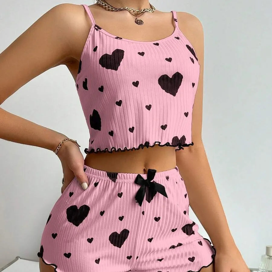 Damen 2-teiliges Herz-Print-Pyjama-Set, ärmelloses Crop-Top und Shorts, weiche bequeme Schlaf- und Freizeitkleidung für Sommernächte