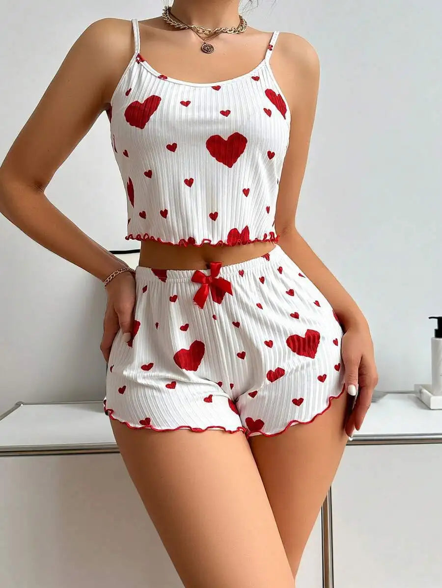 Damen 2-teiliges Herz-Print-Pyjama-Set, ärmelloses Crop-Top und Shorts, weiche bequeme Schlaf- und Freizeitkleidung für Sommernächte