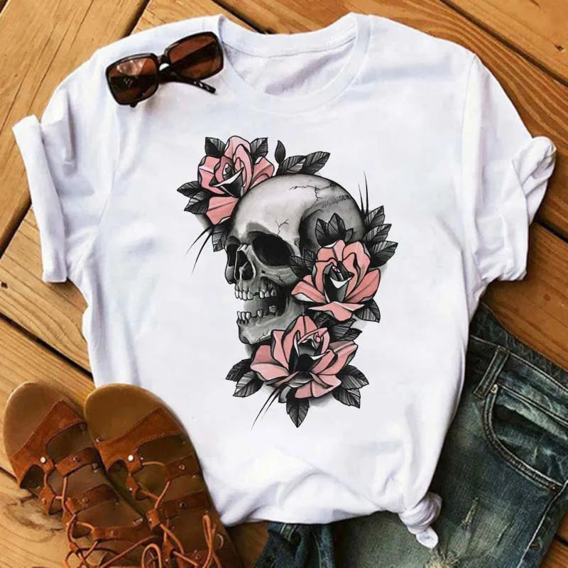 Mode Leoparden-Schädel bedrucktes Damen-T-Shirt Sommer Lässiges Frauen-T-Shirt Freizeit Rundhals Harajuku Tops Damenkleidung