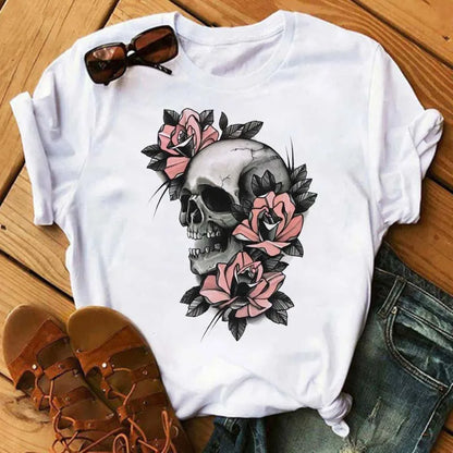Mode Leoparden-Schädel bedrucktes Damen-T-Shirt Sommer Lässiges Frauen-T-Shirt Freizeit Rundhals Harajuku Tops Damenkleidung