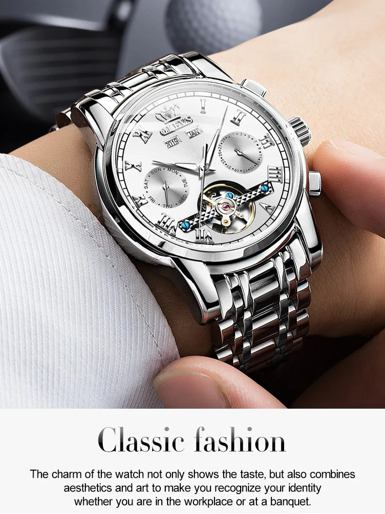 OLEVS Herren Uhren Automatische Mechanische Business Armbanduhr Wasserdicht Edelstahlarmband Uhr für Männer Skelett Kalender