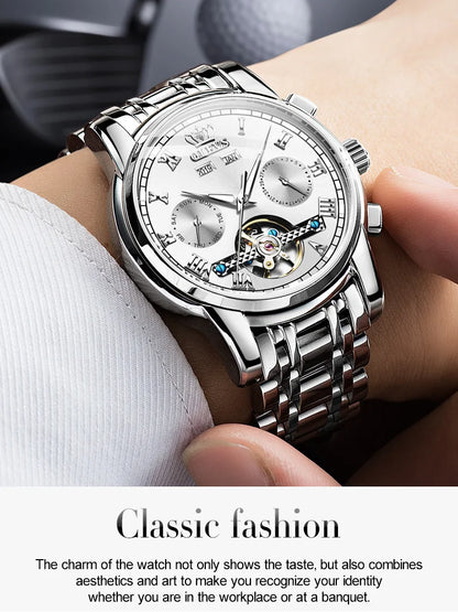 OLEVS Herren Uhren Automatische Mechanische Business Armbanduhr Wasserdicht Edelstahlarmband Uhr für Männer Skelett Kalender