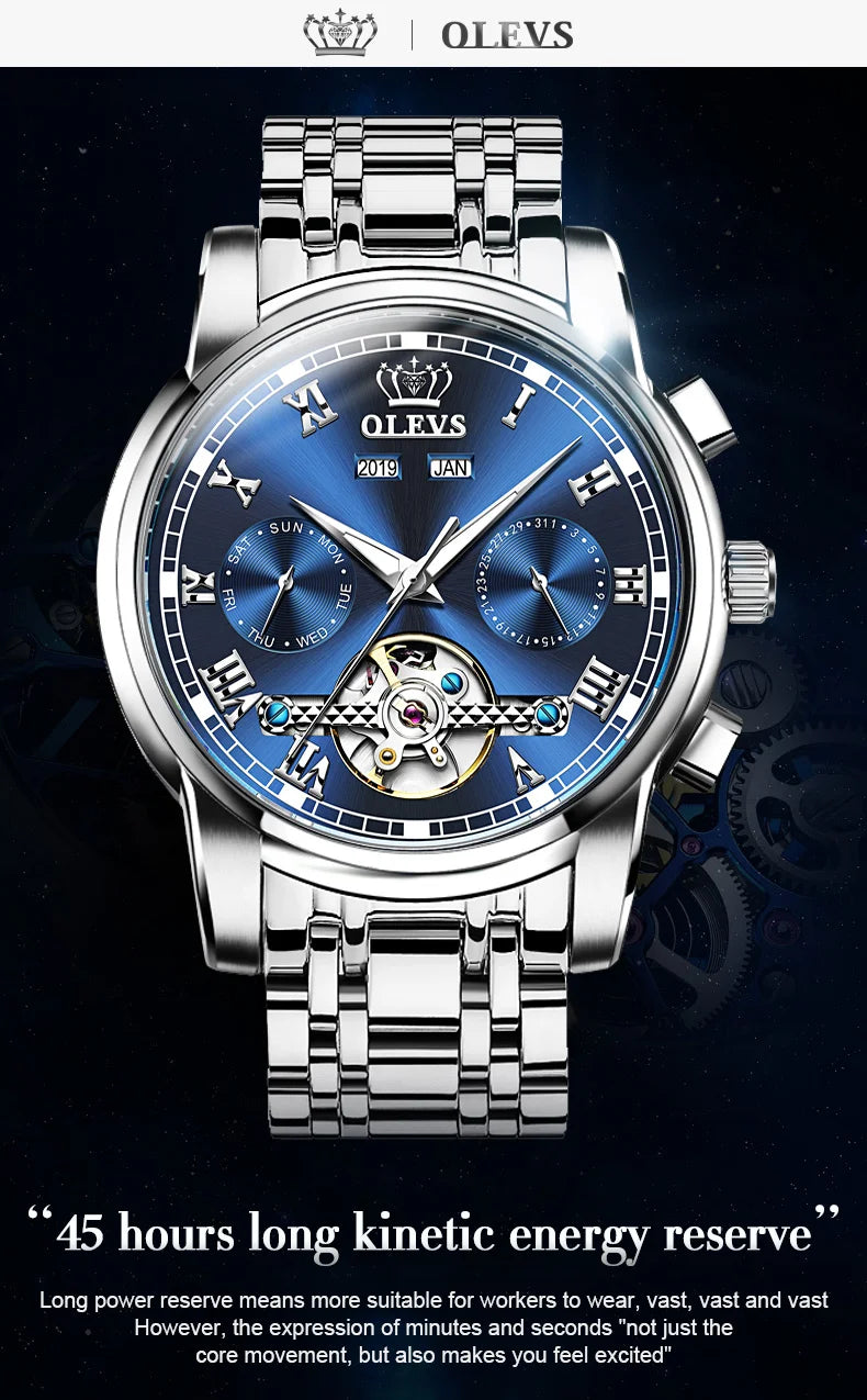 OLEVS Herren Uhren Automatische Mechanische Business Armbanduhr Wasserdicht Edelstahlarmband Uhr für Männer Skelett Kalender