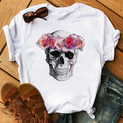 Mode Leoparden-Schädel bedrucktes Damen-T-Shirt Sommer Lässiges Frauen-T-Shirt Freizeit Rundhals Harajuku Tops Damenkleidung