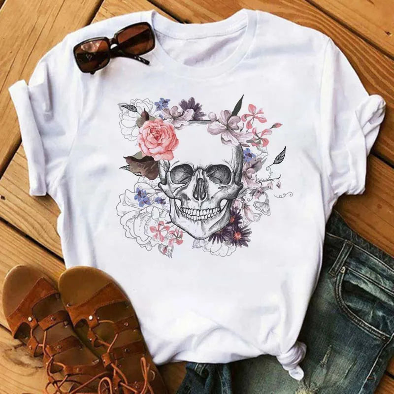 Mode Leoparden-Schädel bedrucktes Damen-T-Shirt Sommer Lässiges Frauen-T-Shirt Freizeit Rundhals Harajuku Tops Damenkleidung
