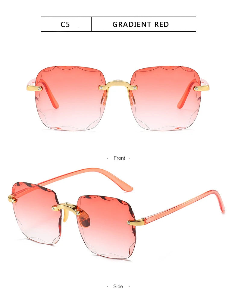 Quadratische randlose Sonnenbrille für Damen, Luxusmarken-Designer, Sommer, rote Gläser, modische Sonnenbrille für Herren, UV400-Schutz, Shades Oculos