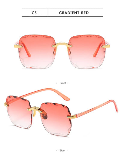 Quadratische randlose Sonnenbrille für Damen, Luxusmarken-Designer, Sommer, rote Gläser, modische Sonnenbrille für Herren, UV400-Schutz, Shades Oculos