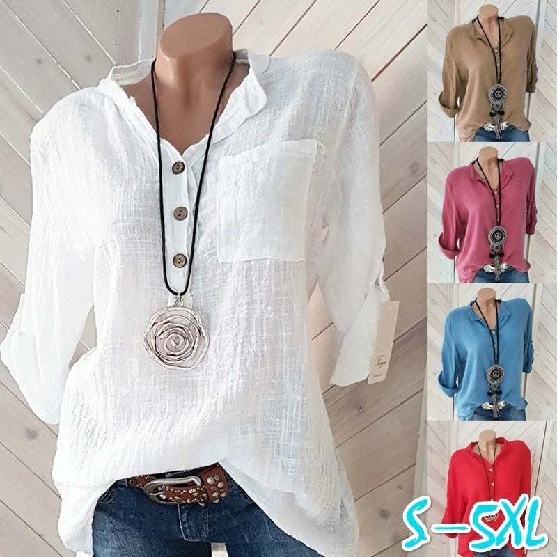 Übergroße Damenblusen aus Baumwolle und Leinen, Herbstblusen, lässige Langarmbluse mit Knöpfen, V-Ausschnitt, lockeres Hemd, Damenoberteile, Plus-Size S-5XL
