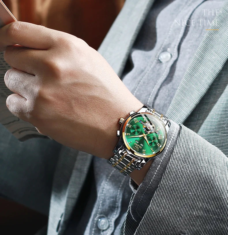 OLEVS Herren Uhren Automatische Mechanische Business Armbanduhr Wasserdicht Edelstahlarmband Uhr für Männer Skelett Kalender