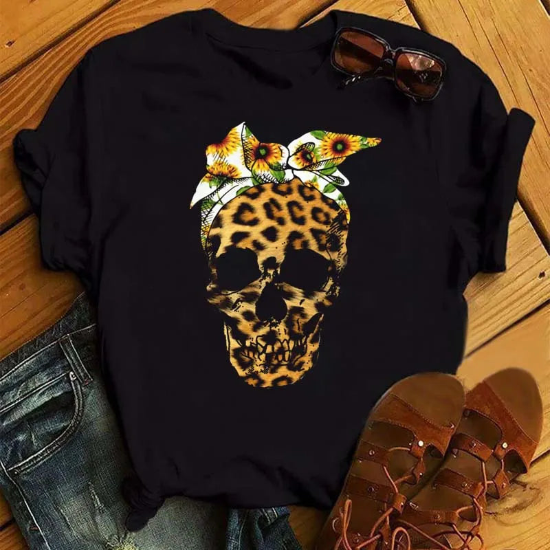Mode Leoparden-Schädel bedrucktes Damen-T-Shirt Sommer Lässiges Frauen-T-Shirt Freizeit Rundhals Harajuku Tops Damenkleidung