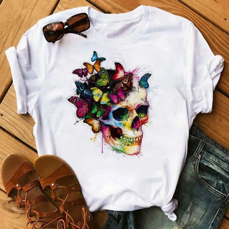 Mode Leoparden-Schädel bedrucktes Damen-T-Shirt Sommer Lässiges Frauen-T-Shirt Freizeit Rundhals Harajuku Tops Damenkleidung