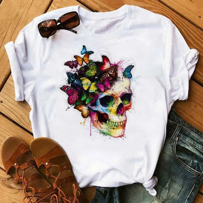 Mode Leoparden-Schädel bedrucktes Damen-T-Shirt Sommer Lässiges Frauen-T-Shirt Freizeit Rundhals Harajuku Tops Damenkleidung