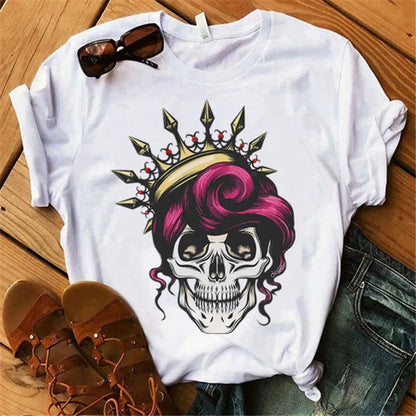 Mode Leoparden-Schädel bedrucktes Damen-T-Shirt Sommer Lässiges Frauen-T-Shirt Freizeit Rundhals Harajuku Tops Damenkleidung