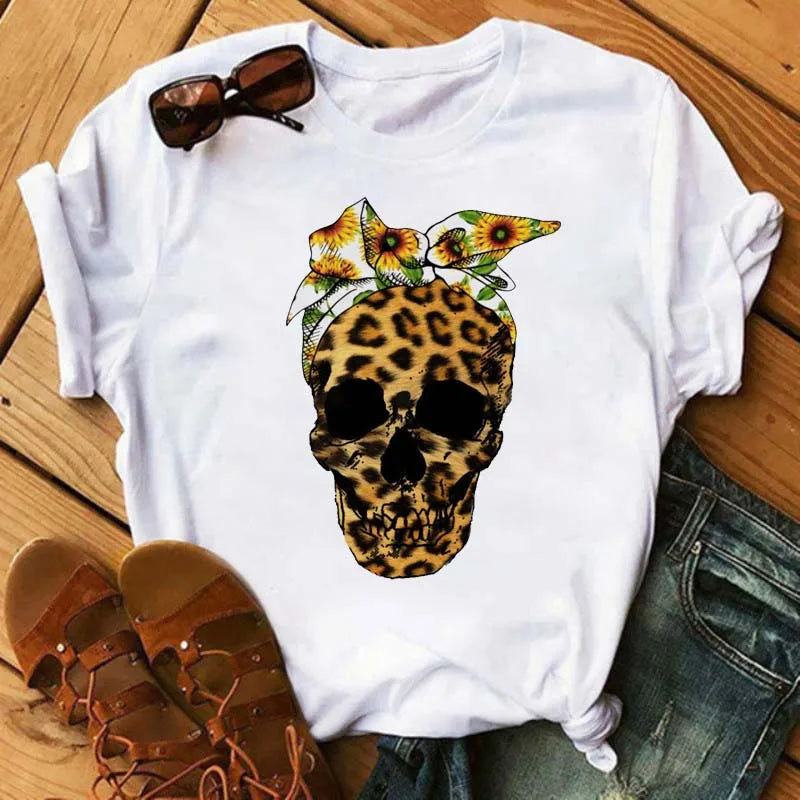 Mode Leoparden-Schädel bedrucktes Damen-T-Shirt Sommer Lässiges Frauen-T-Shirt Freizeit Rundhals Harajuku Tops Damenkleidung