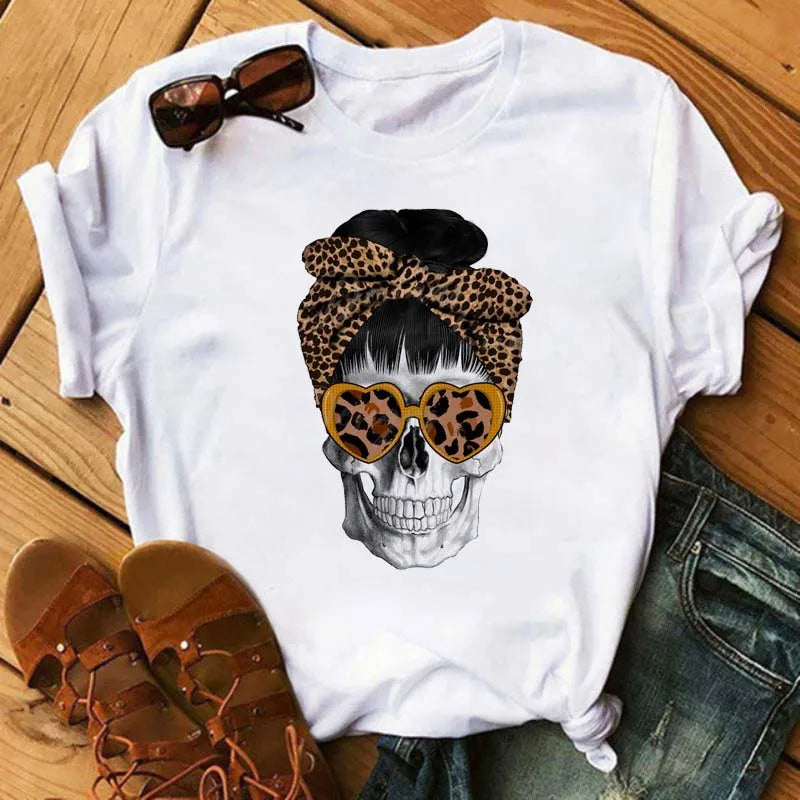 Mode Leoparden-Schädel bedrucktes Damen-T-Shirt Sommer Lässiges Frauen-T-Shirt Freizeit Rundhals Harajuku Tops Damenkleidung