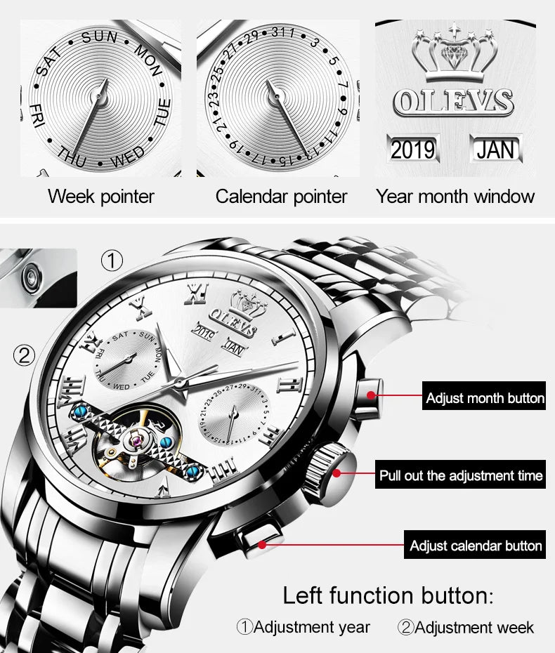OLEVS Herren Uhren Automatische Mechanische Business Armbanduhr Wasserdicht Edelstahlarmband Uhr für Männer Skelett Kalender