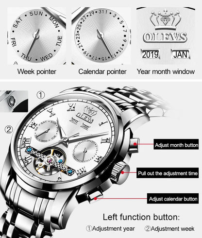 OLEVS Herren Uhren Automatische Mechanische Business Armbanduhr Wasserdicht Edelstahlarmband Uhr für Männer Skelett Kalender