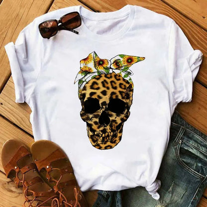 Mode Leoparden-Schädel bedrucktes Damen-T-Shirt Sommer Lässiges Frauen-T-Shirt Freizeit Rundhals Harajuku Tops Damenkleidung