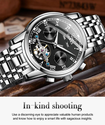OLEVS Herren Uhren Automatische Mechanische Business Armbanduhr Wasserdicht Edelstahlarmband Uhr für Männer Skelett Kalender