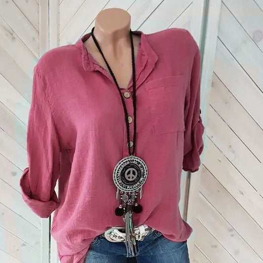Übergroße Damenblusen aus Baumwolle und Leinen, Herbstblusen, lässige Langarmbluse mit Knöpfen, V-Ausschnitt, lockeres Hemd, Damenoberteile, Plus-Size S-5XL