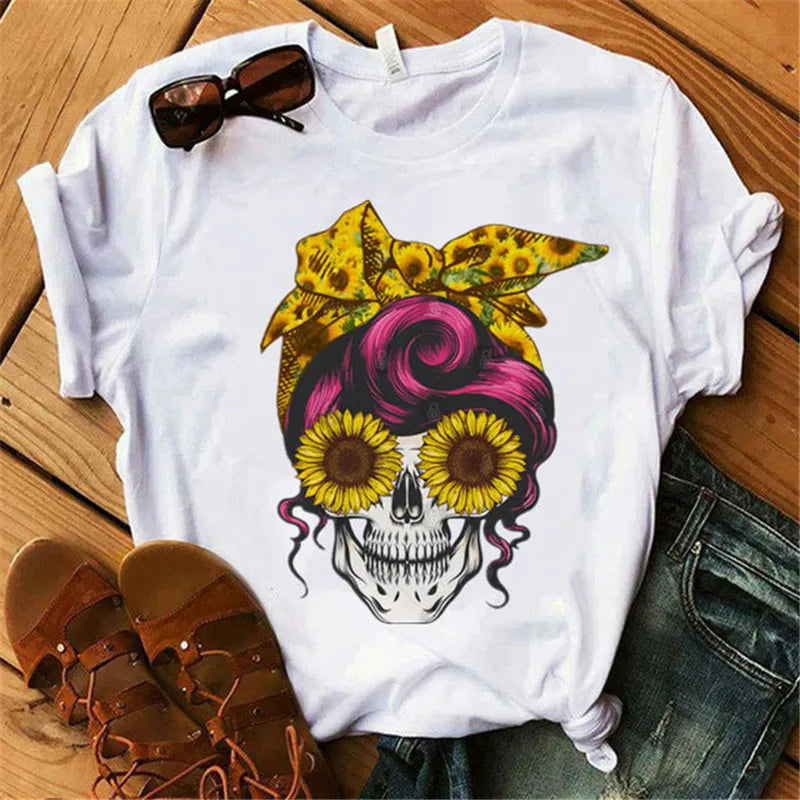 Mode Leoparden-Schädel bedrucktes Damen-T-Shirt Sommer Lässiges Frauen-T-Shirt Freizeit Rundhals Harajuku Tops Damenkleidung