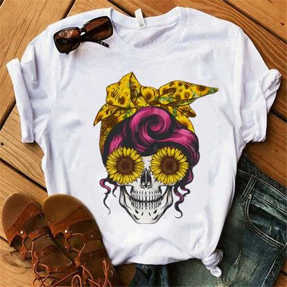 Mode Leoparden-Schädel bedrucktes Damen-T-Shirt Sommer Lässiges Frauen-T-Shirt Freizeit Rundhals Harajuku Tops Damenkleidung