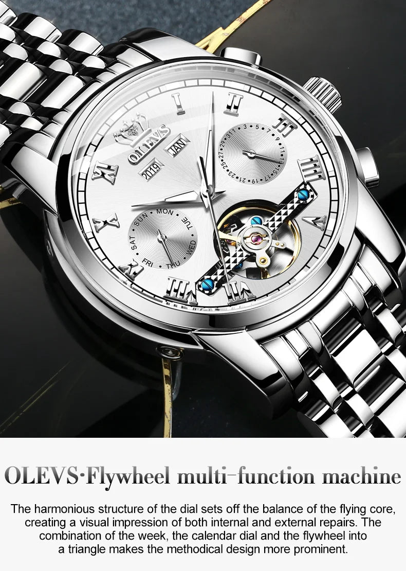 OLEVS Herren Uhren Automatische Mechanische Business Armbanduhr Wasserdicht Edelstahlarmband Uhr für Männer Skelett Kalender