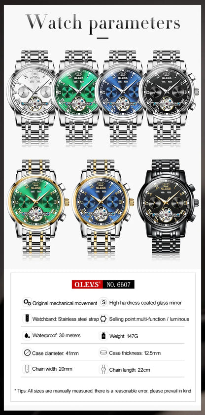 OLEVS Herren Uhren Automatische Mechanische Business Armbanduhr Wasserdicht Edelstahlarmband Uhr für Männer Skelett Kalender