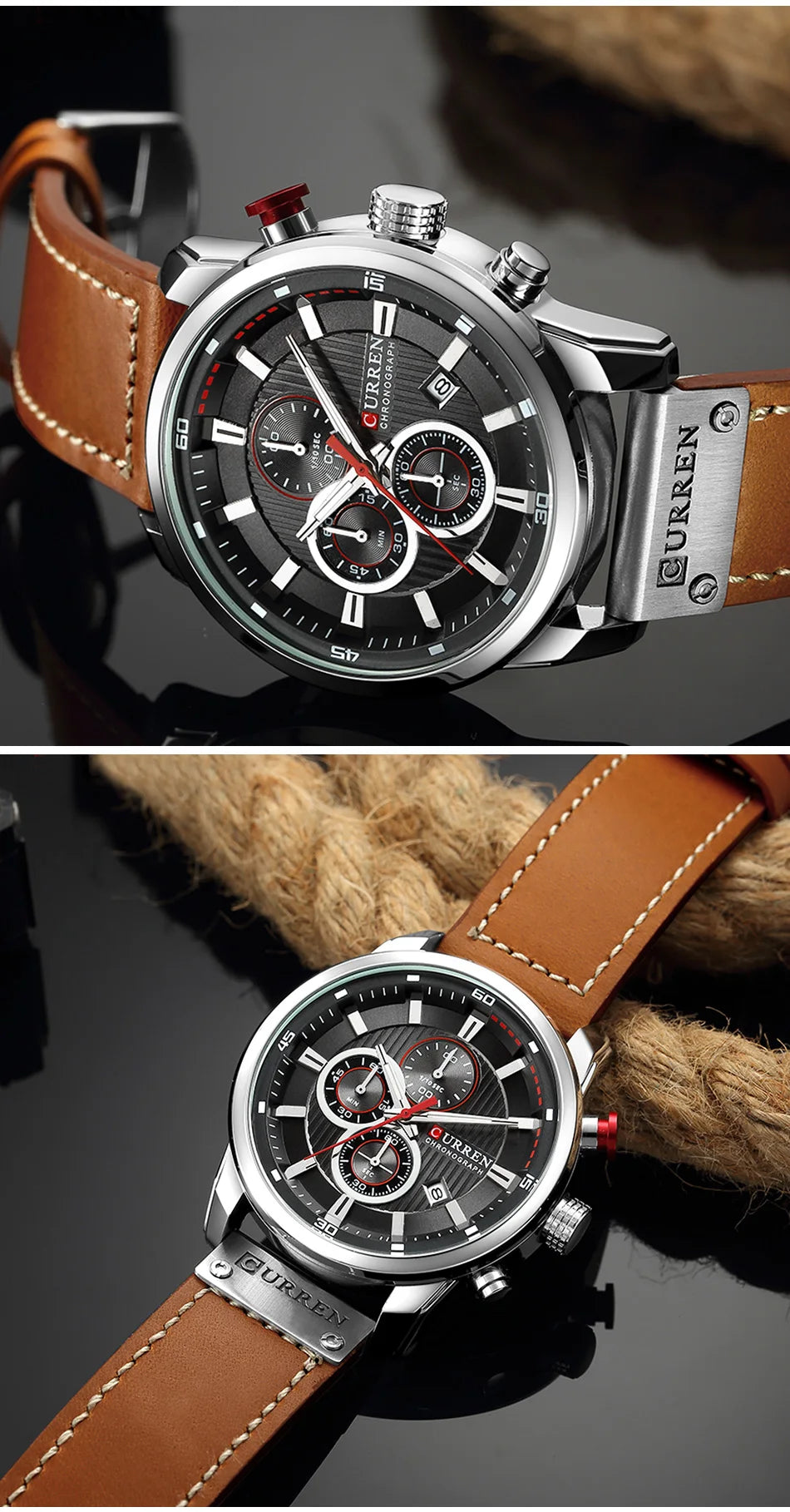 CURREN Uhren für Herren Leder-Sportuhren Herren Army Military Quarz-Armbanduhr Chronograph Männliche Uhr Relogio Masculino