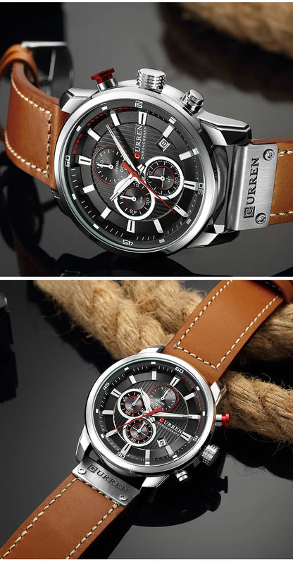 CURREN Uhren für Herren Leder-Sportuhren Herren Army Military Quarz-Armbanduhr Chronograph Männliche Uhr Relogio Masculino