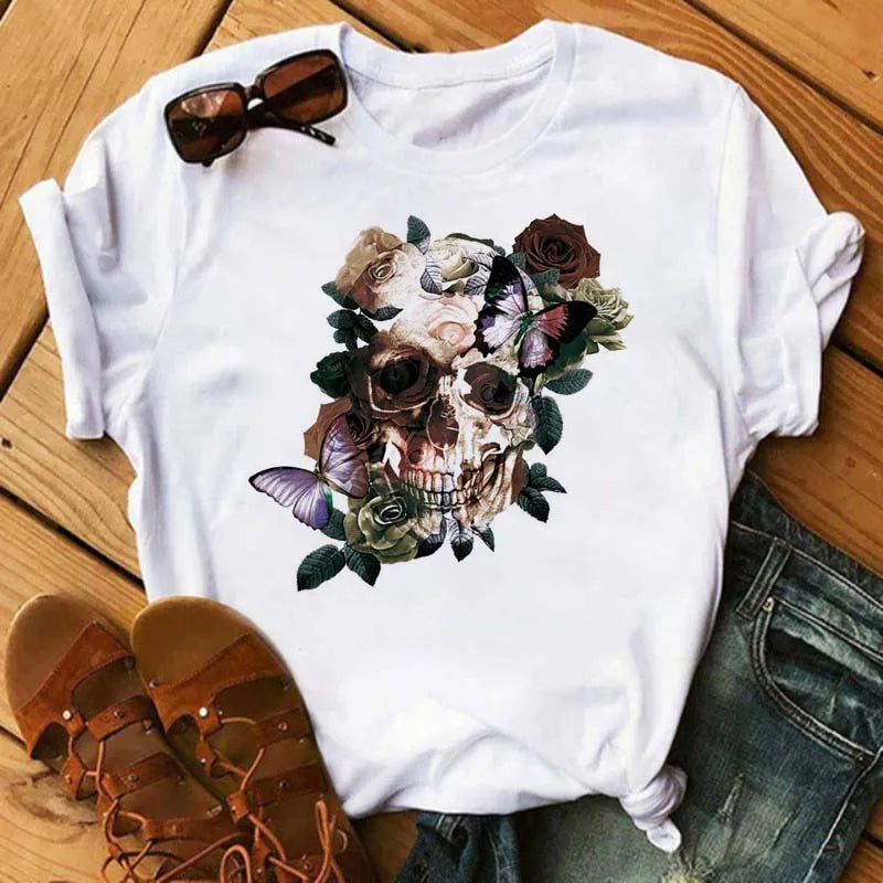 Mode Leoparden-Schädel bedrucktes Damen-T-Shirt Sommer Lässiges Frauen-T-Shirt Freizeit Rundhals Harajuku Tops Damenkleidung