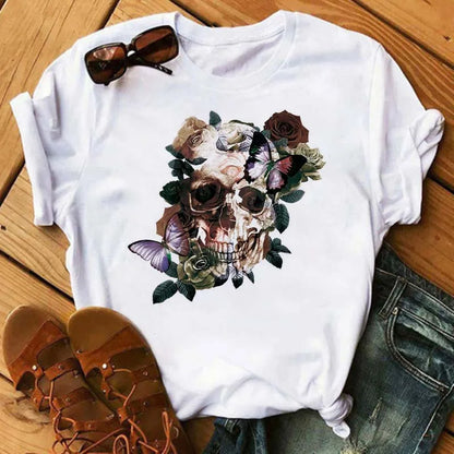 Mode Leoparden-Schädel bedrucktes Damen-T-Shirt Sommer Lässiges Frauen-T-Shirt Freizeit Rundhals Harajuku Tops Damenkleidung