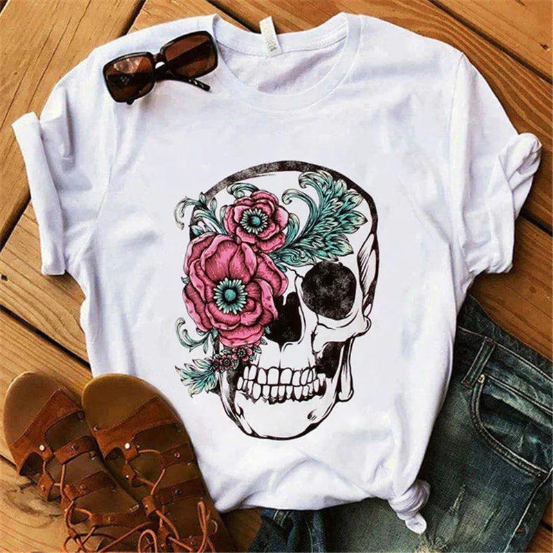 Mode Leoparden-Schädel bedrucktes Damen-T-Shirt Sommer Lässiges Frauen-T-Shirt Freizeit Rundhals Harajuku Tops Damenkleidung