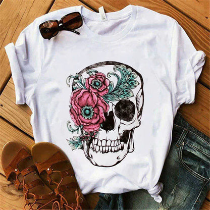 Mode Leoparden-Schädel bedrucktes Damen-T-Shirt Sommer Lässiges Frauen-T-Shirt Freizeit Rundhals Harajuku Tops Damenkleidung