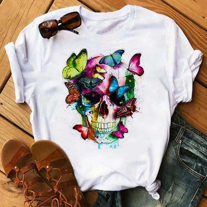 Mode Leoparden-Schädel bedrucktes Damen-T-Shirt Sommer Lässiges Frauen-T-Shirt Freizeit Rundhals Harajuku Tops Damenkleidung
