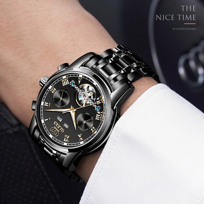 OLEVS Herren Uhren Automatische Mechanische Business Armbanduhr Wasserdicht Edelstahlarmband Uhr für Männer Skelett Kalender