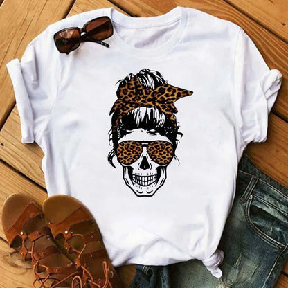 Mode Leoparden-Schädel bedrucktes Damen-T-Shirt Sommer Lässiges Frauen-T-Shirt Freizeit Rundhals Harajuku Tops Damenkleidung