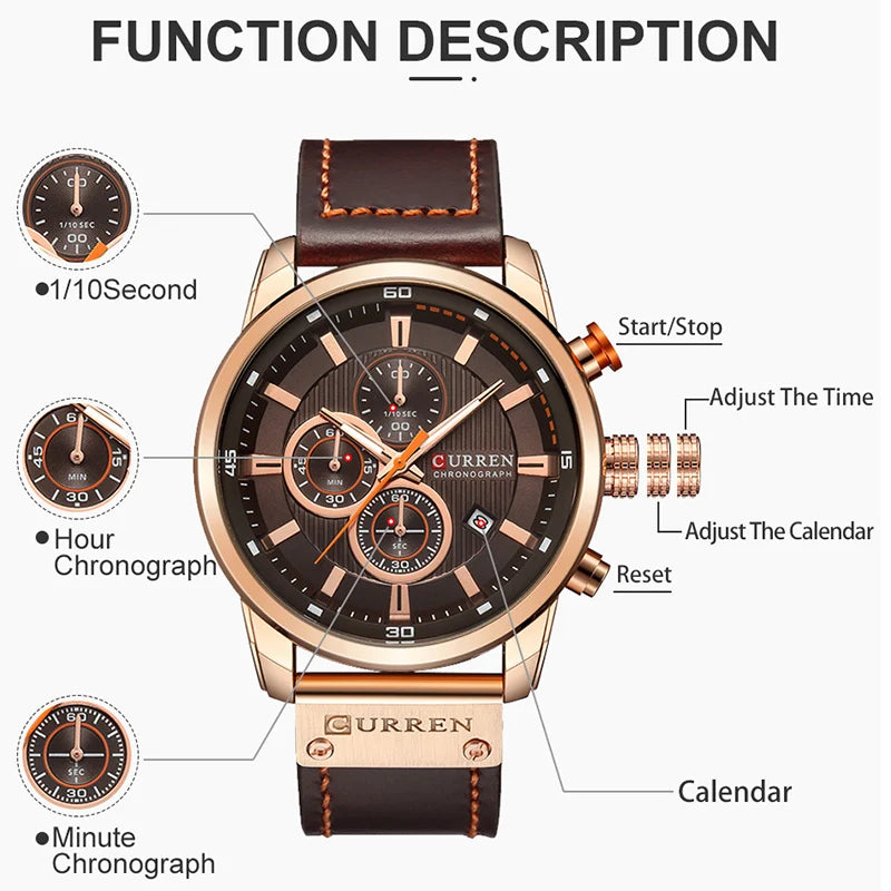 CURREN Uhren für Herren Leder-Sportuhren Herren Army Military Quarz-Armbanduhr Chronograph Männliche Uhr Relogio Masculino