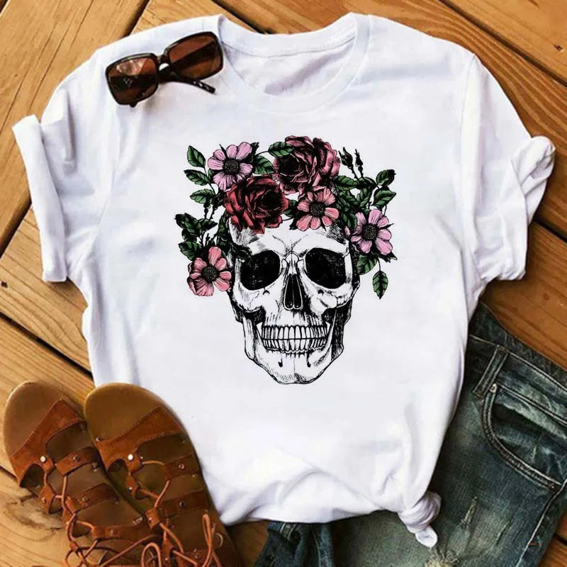 Mode Leoparden-Schädel bedrucktes Damen-T-Shirt Sommer Lässiges Frauen-T-Shirt Freizeit Rundhals Harajuku Tops Damenkleidung