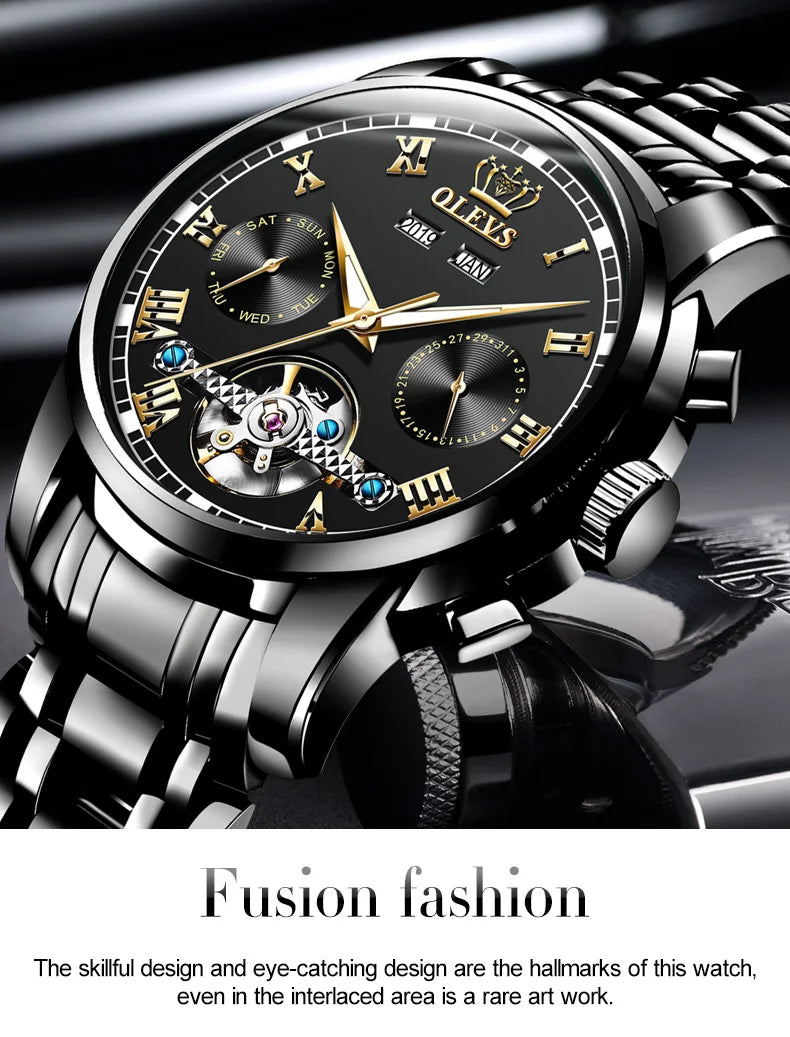 OLEVS Herren Uhren Automatische Mechanische Business Armbanduhr Wasserdicht Edelstahlarmband Uhr für Männer Skelett Kalender