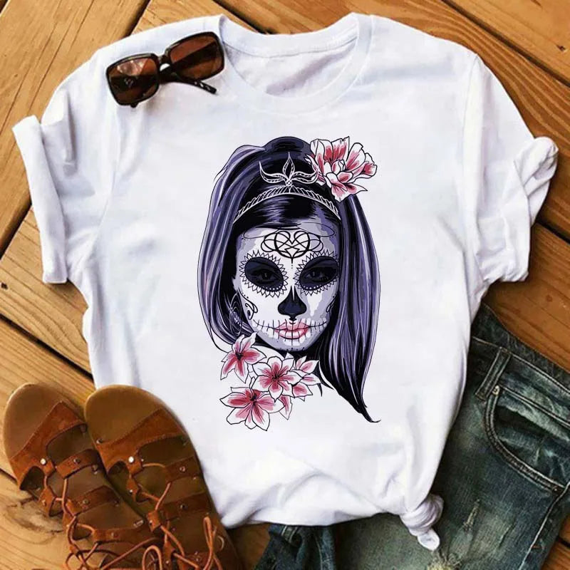 Mode Leoparden-Schädel bedrucktes Damen-T-Shirt Sommer Lässiges Frauen-T-Shirt Freizeit Rundhals Harajuku Tops Damenkleidung