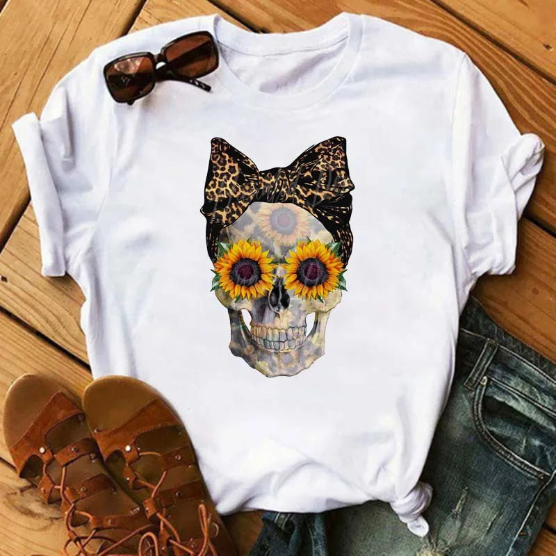 Mode Leoparden-Schädel bedrucktes Damen-T-Shirt Sommer Lässiges Frauen-T-Shirt Freizeit Rundhals Harajuku Tops Damenkleidung