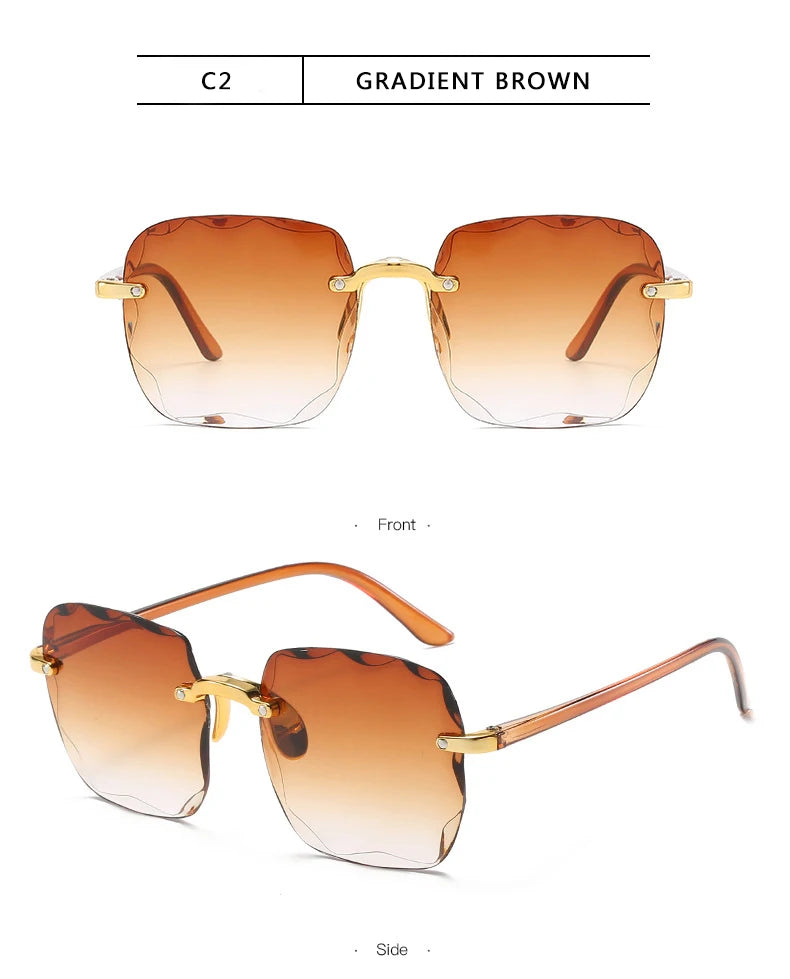 Quadratische randlose Sonnenbrille für Damen, Luxusmarken-Designer, Sommer, rote Gläser, modische Sonnenbrille für Herren, UV400-Schutz, Shades Oculos