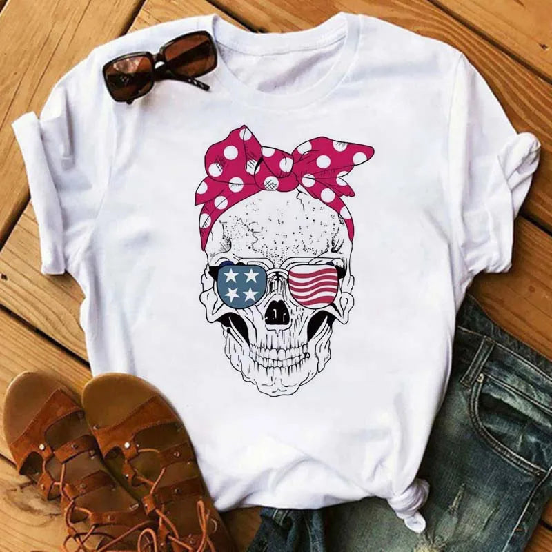 Mode Leoparden-Schädel bedrucktes Damen-T-Shirt Sommer Lässiges Frauen-T-Shirt Freizeit Rundhals Harajuku Tops Damenkleidung