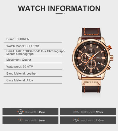 CURREN Uhren für Herren Leder-Sportuhren Herren Army Military Quarz-Armbanduhr Chronograph Männliche Uhr Relogio Masculino