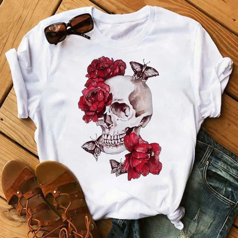 Mode Leoparden-Schädel bedrucktes Damen-T-Shirt Sommer Lässiges Frauen-T-Shirt Freizeit Rundhals Harajuku Tops Damenkleidung