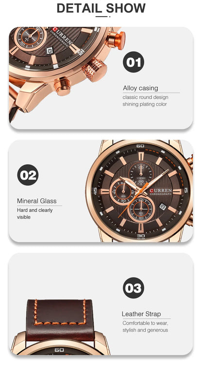 CURREN Uhren für Herren Leder-Sportuhren Herren Army Military Quarz-Armbanduhr Chronograph Männliche Uhr Relogio Masculino